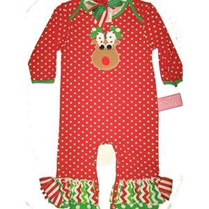 Peaches n Cream 12M Christmas Reindeer Polka Dot Ruffle Romper Jumpsuit